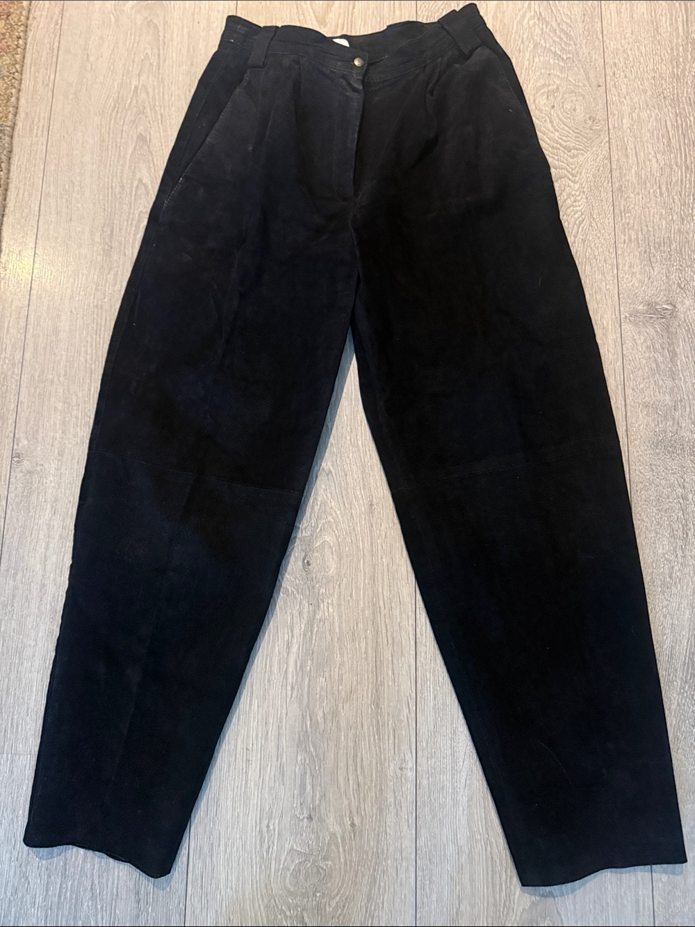 Vintage Women Black Suede Leather Lined High Waist Pleat Front Pants Size 13/14